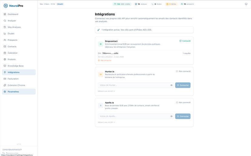Intégrations NeuralPro - connectez Dropcontact, Hunter.io et Apollo.io avec vos clés API