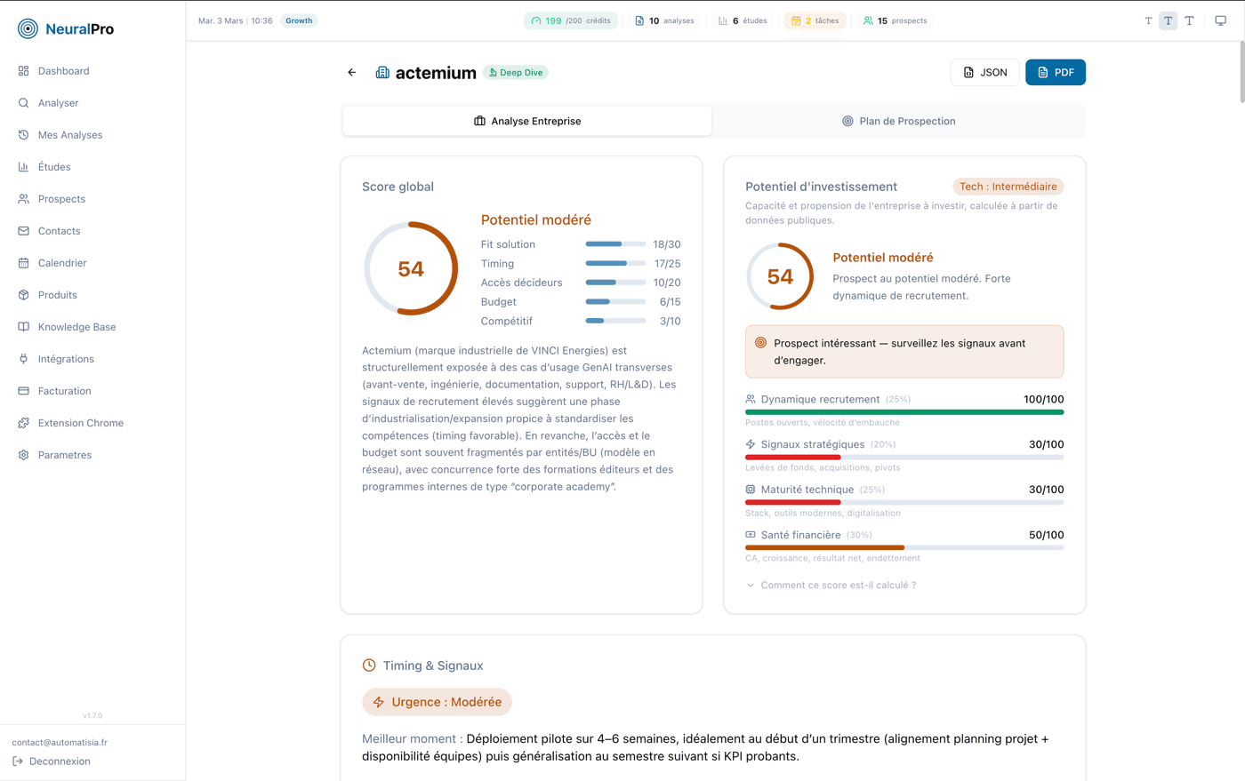 Rapport d'analyse complet NeuralPro - scoring WinV, pain points, Data Room, icebreakers et plan de prospection